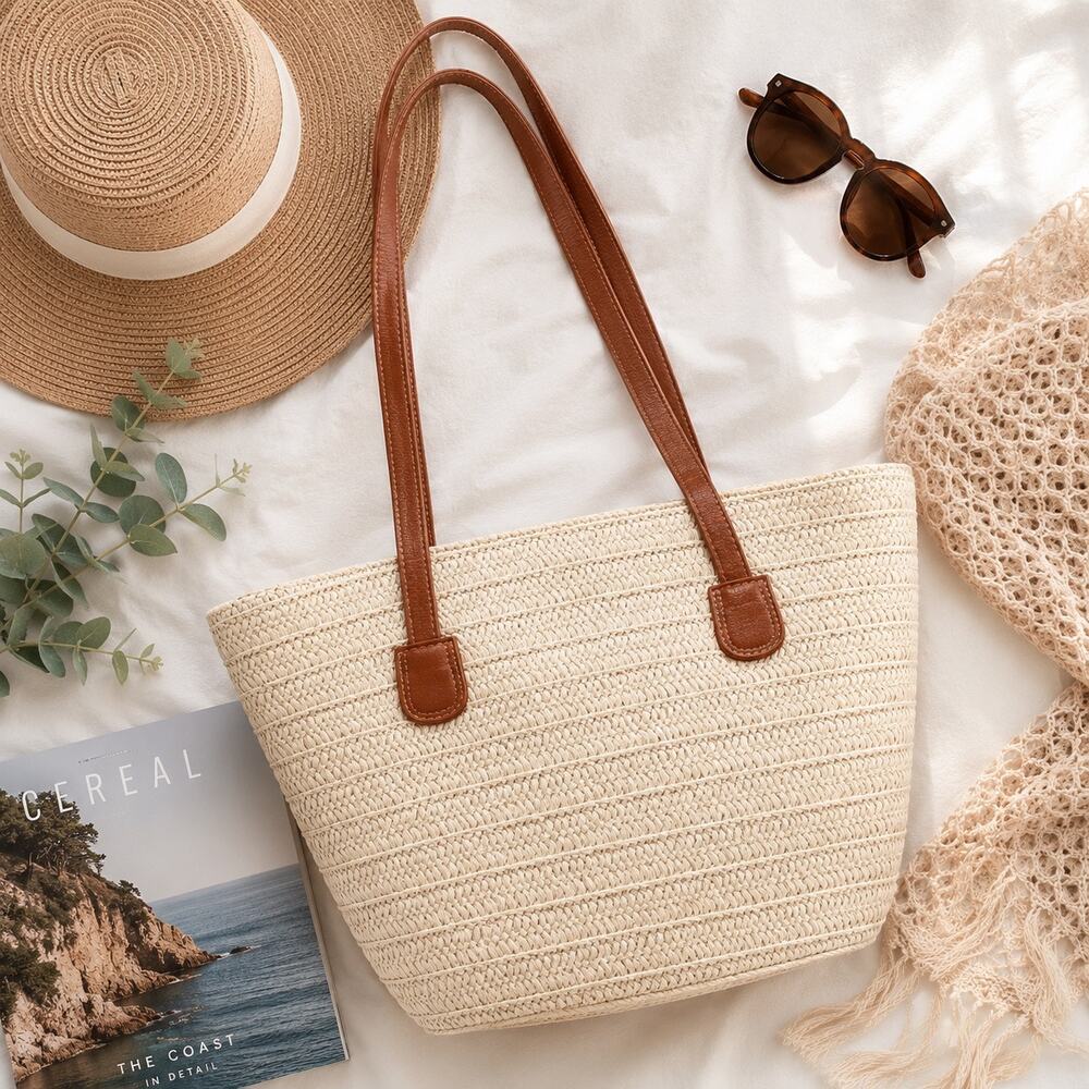 Straw Woven Tote Beach Bag Coastal Resort Market Shopper NWOT Summer Purse